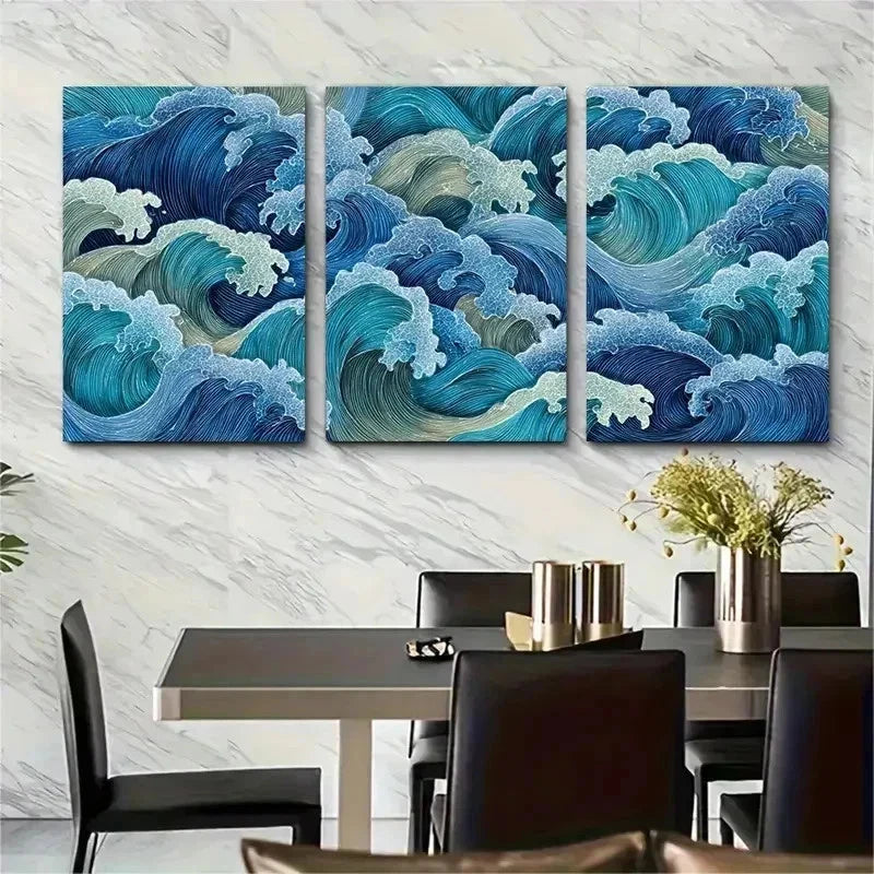 3pcs Very Demure Mindful Blue Coastal Perfect Wall Art Set Canvas Framed 50x70cm - High Quality Print 100% Australian Made Wall Canvas Ready to Hang
