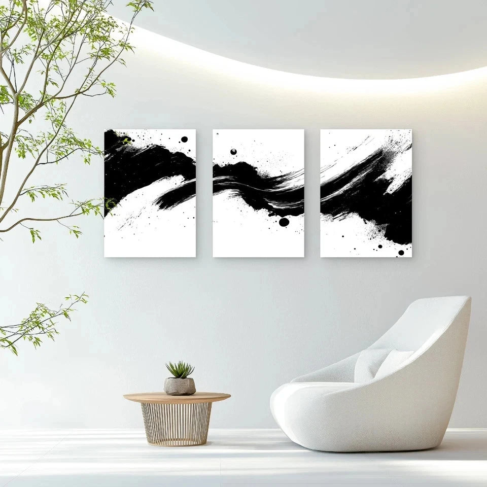3pcs Bold Black Strokes Across Pure White Wall Art Set Canvas Framed 60x90cm - High Quality Print 100% Australian Made Wall Canvas Ready to Hang - Bella Home Decor