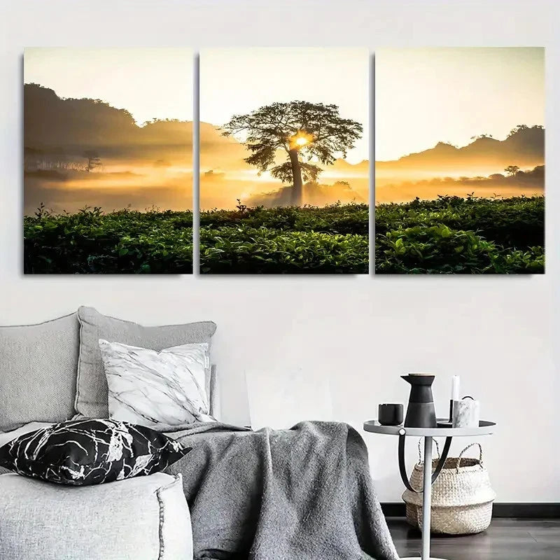 3pcs Golden Sunrise Over Tea Plantation Wall Art Set Canvas Framed 60x90cm - High Quality Print 100% Australian Made Wall Canvas Ready to Hang