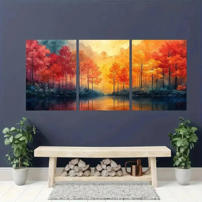 3pcs Lush Red & Orange Trees By A Serene Lake Wall Art Set Canvas Framed 60x90cm - High Quality Print 100% Australian Made Wall Canvas Ready to Hang - Bella Home Decor
