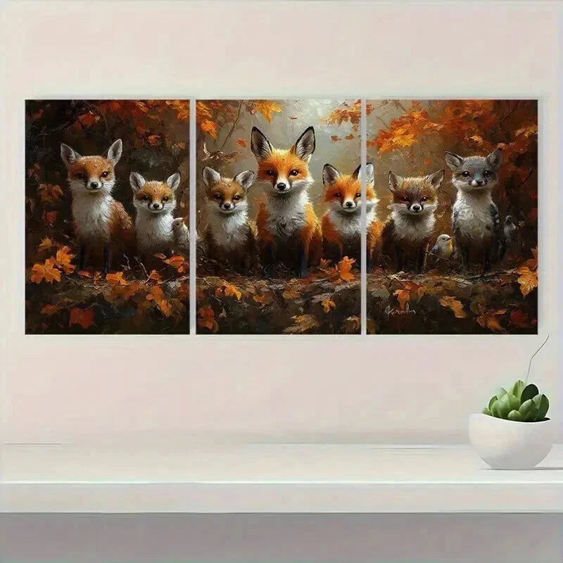 3pcs Fox Family in Vibrant Autumn Forest Wall Art Set Canvas Framed 60x90cm - High Quality Print 100% Australian Made Wall Canvas Ready to Hang