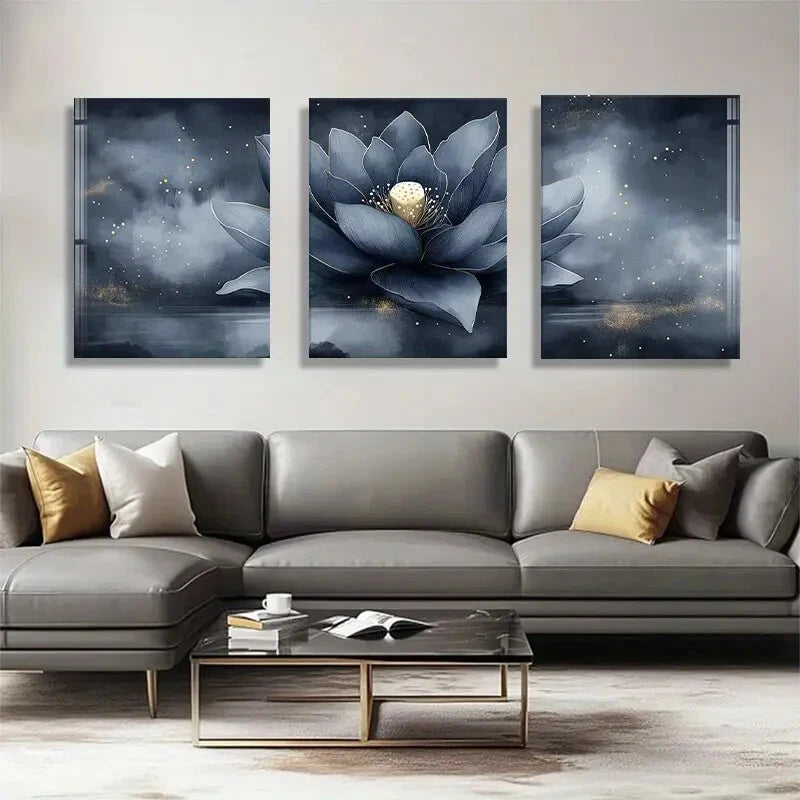 3pcs Elegant Dark for Lotus Flower Metal Print Ready to Hang Art