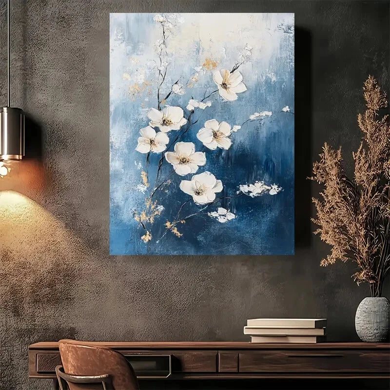 Beautiful Blue Floral Modern Vintage Painting 40x60cm Metal Print Ready to Hang - Bella Home Decor