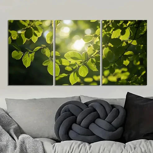 3pcs Vibrant Green Foliage with Golden Sunlight Wall Art Set Canvas Unframed - High Quality Print 100% Australian Made Wall Canvas
