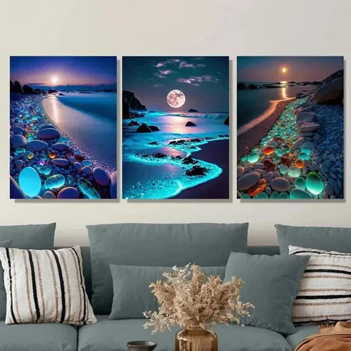 3pcs Beach Moonlight Sunset and Starry Sky Wall Art Set Canvas Unframed - High Quality Print 100% Australian Made Wall Canvas - Bella Home Decor