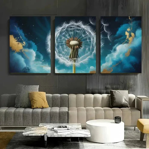 3pcs Dandelion, Blue Abstract Botanical Wall Art Canvas Unframed - High Quality Print 100% Australian Made Wall Canvas - Bella Home Decor