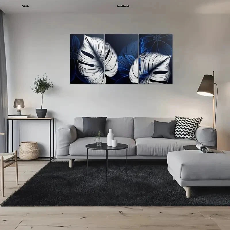 3pcs Blue and White Leaf Patterns Metal Print Ready to Hang Art - Bella Home Decor