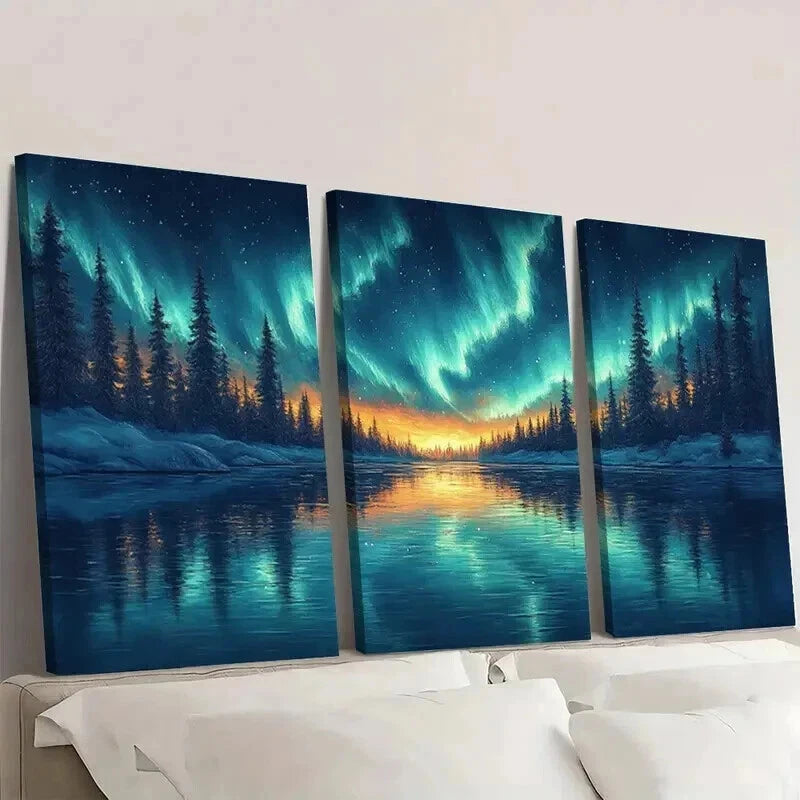 3pcs Northern Lights Borealis Aurora Night Wall Art Set Canvas Framed 40x60cm - High Quality Print 100% Australian Made Wall Canvas Ready to Hang - Bella Home Decor