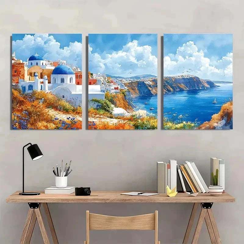 3pcs Blue Roofs Of Santorini Watercolor Perfect Wall Art Set Canvas Framed 50x70cm - High Quality Print 100% Australian Made Wall Canvas Ready to Hang - Bella Home Decor