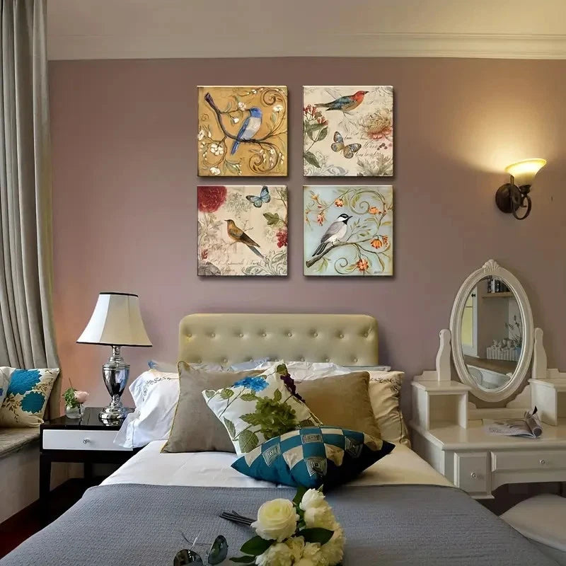 4pcs Elegant Floral & Bird Design Wall Art Canvas Framed