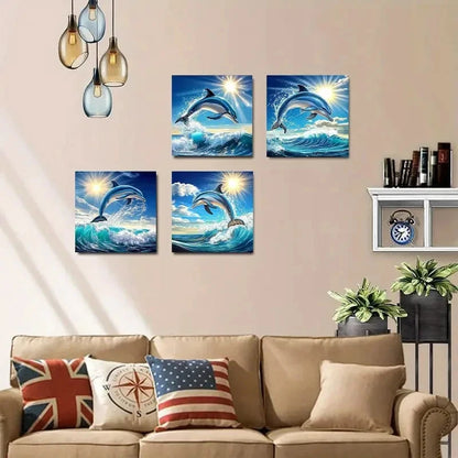 4pcs Vibrant Marine Life & Jumping Dolphins Scen Wall Art Canvas Framed