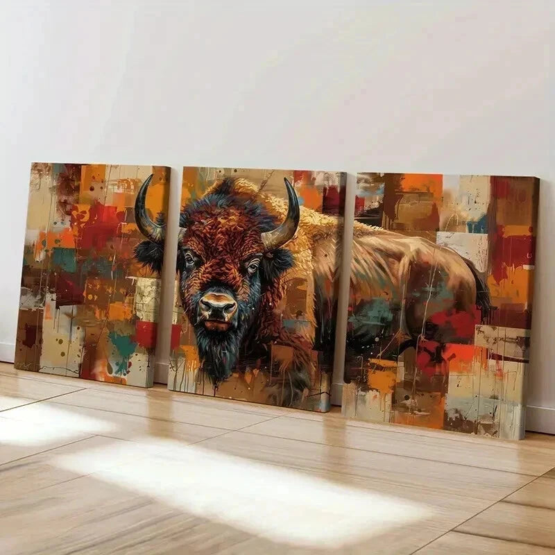 3pcs Abstract Bison Vibrant Color Bold Lines Wall Art Set Canvas Framed 40x60cm - High Quality Print 100% Australian Made Wall Canvas Ready to Hang