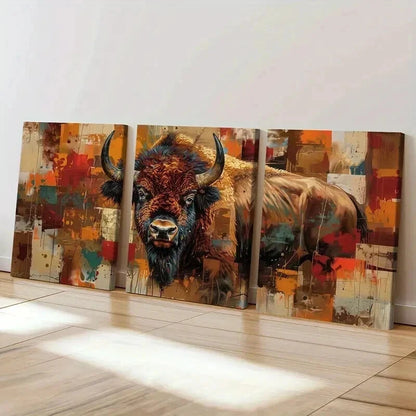 3pcs Abstract Bison Vibrant Color Bold Lines Wall Art Set Canvas Framed 40x60cm - High Quality Print 100% Australian Made Wall Canvas Ready to Hang