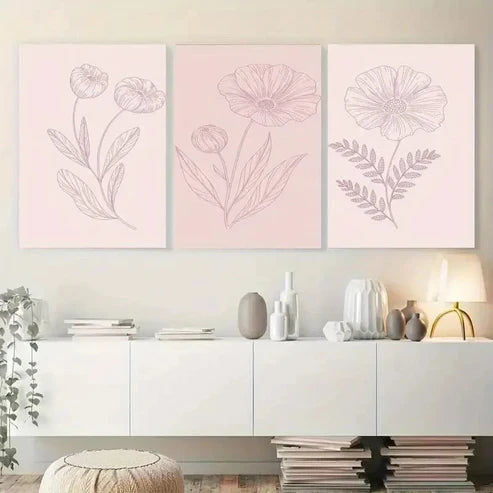 3pcs Line Flowers Wall Art Set Canvas Unframed - High Quality Print 100% Australian Made Wall Canvas