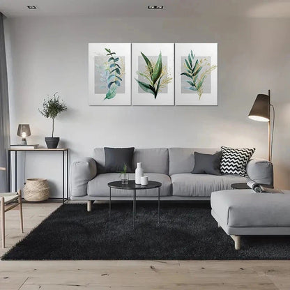 3pcs Abstract Green Leaves Painting Metal Print Ready to Hang Art - Bella Home Decor
