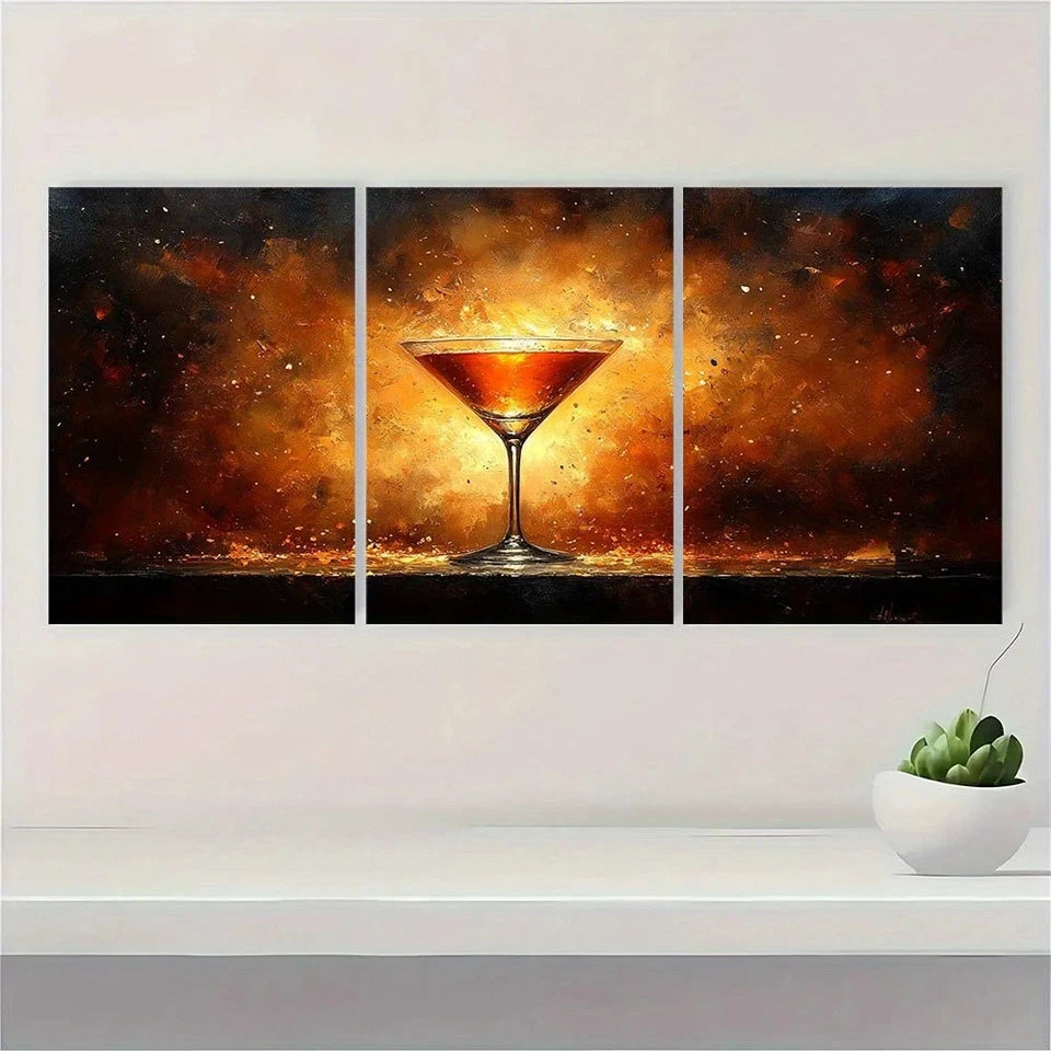 3pcs Alcohol Painting Wine Glass Metal Print Ready to Hang Art - Bella Home Decor