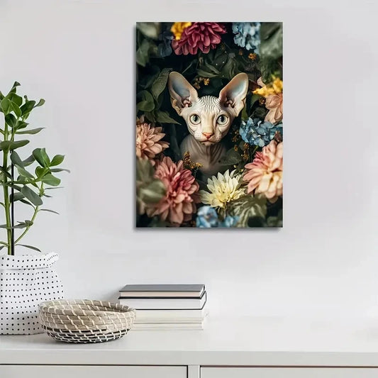 Charming Sphynx Kitten with Vibrant Flowers Painting 40x60cm Metal Print Ready to Hang - Bella Home Decor