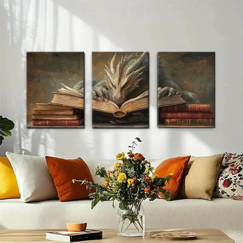 3pcs Wise Dragon Reading Books Mystical Perfect Wall Art Canvas Unframed – High Quality Print 100% Australian Made Wall Canvas