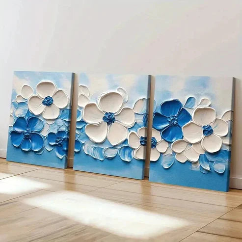 3pcs Abstract Elegant Blue & White Floral  Wall Art Set Canvas Unframed - High Quality Print 100% Australian Made Wall Canvas - Bella Home Decor