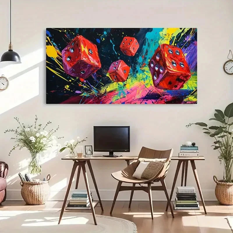 Modern Splash Vibrant Dice Wall Art Canvas Office Home Room Framed 120x60cm - Bella Home Decor