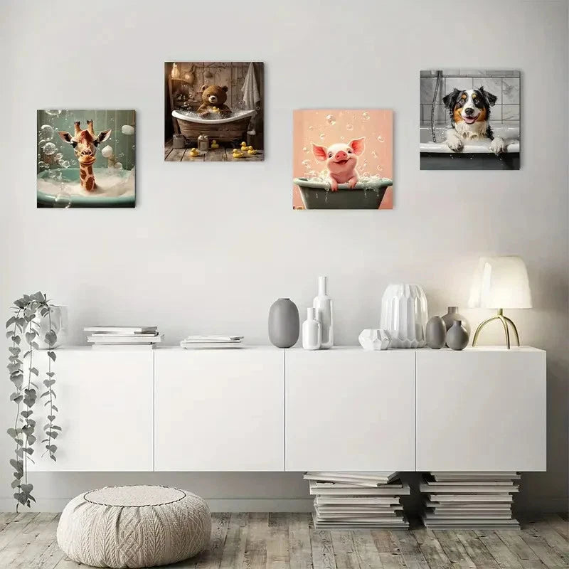 4pcs  Featuring Dog, Pig, Bear, Giraffe In Bathtu Wall Art Canvas Framed