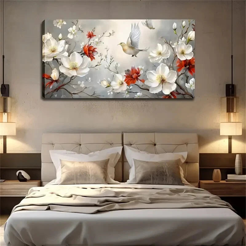 White Magnolia And Red Flowers Wall Art Canvas Office Home Room Framed 120x60cm
