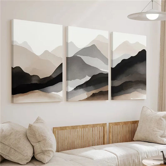 3pcs Mountain Landscape Watercolor Beige Black Wall Art Set Canvas Framed 60x90cm - High Quality Print 100% Australian Made Wall Canvas Ready to Hang