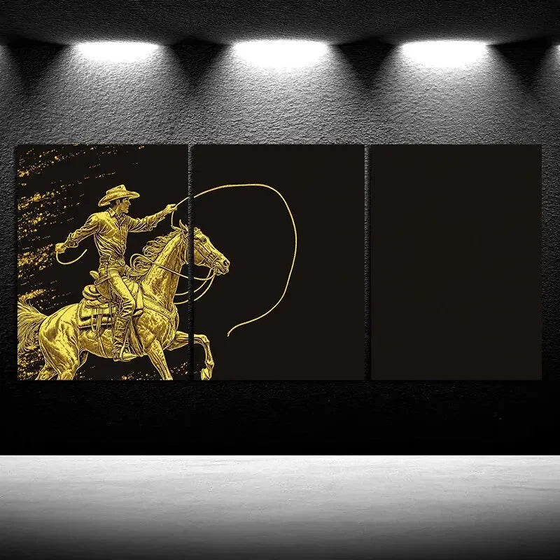 3pcs Black & Gold Man Riding a Horse Metal Print Ready to Hang Art - Bella Home Decor