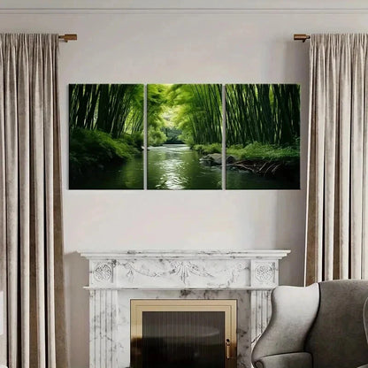 3pcs Green Bamboo Forest and River Wall Art Set Canvas Framed 50x70cm - High Quality Print 100% Australian Made Wall Canvas Ready to Hang - Bella Home Decor