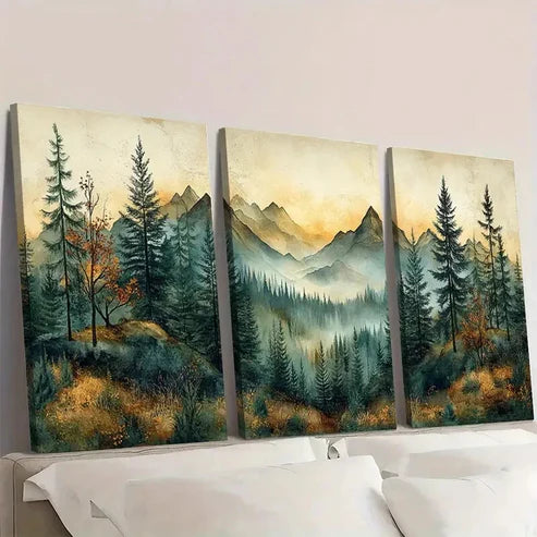 3pcs Vintage Pine Trees Forest Painting Perfect Wall Art Canvas Unframed – High Quality Print 100% Australian Made Wall Canvas