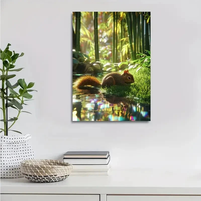 Photorealistic Scene Of Squirrel Rolling On The Grass  40x60cm Metal Print Ready to Hang - Bella Home Decor