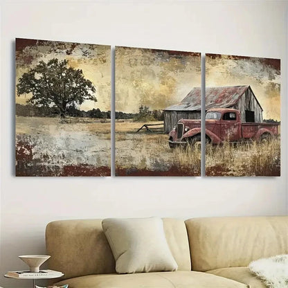 3pcs Weathered Red Pickup Truck in Golden Wall Art Set Canvas Framed 40x60cm - High Quality Print 100% Australian Made Wall Canvas Ready to Hang - Bella Home Decor