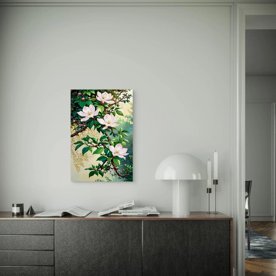 Pink Magnolias on Leafy Branch Metal Print Ready to Hang