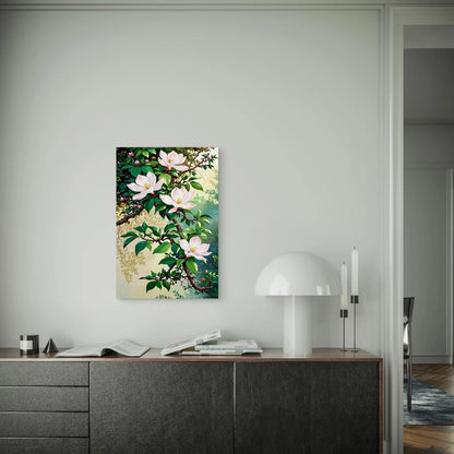 Pink Magnolias on Leafy Branch Metal Print Ready to Hang