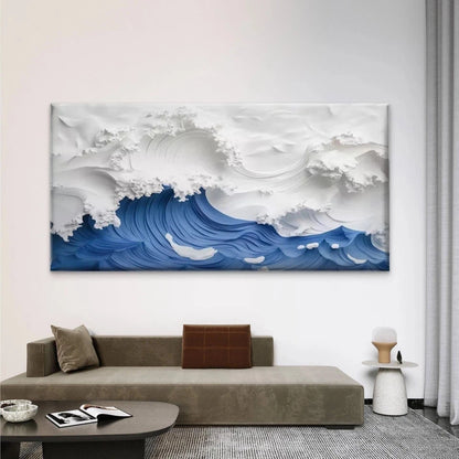 Abstract Blue Ocean Waves Wall Art Canvas Office Home Room Framed 120x60cm