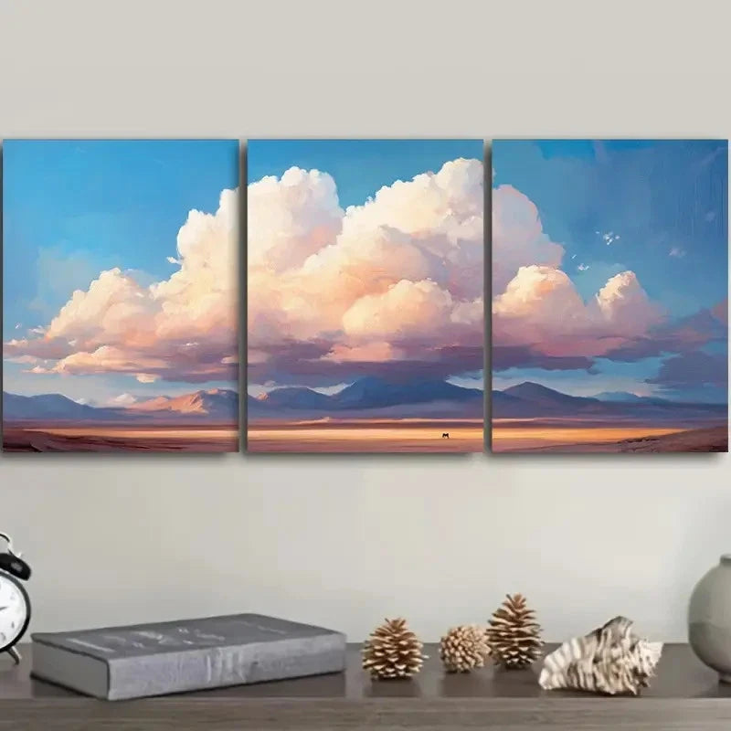 3pcs Fluffy Clouds Over a Vast, Flat Landscape  Wall Art Set Canvas Framed 40x60cm - High Quality Print 100% Australian Made Wall Canvas Ready to Hang - Bella Home Decor