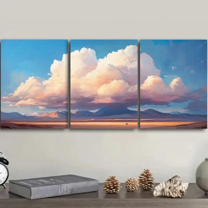 3pcs Fluffy Clouds Over a Vast, Flat Landscape  Wall Art Set Canvas Framed 40x60cm - High Quality Print 100% Australian Made Wall Canvas Ready to Hang - Bella Home Decor