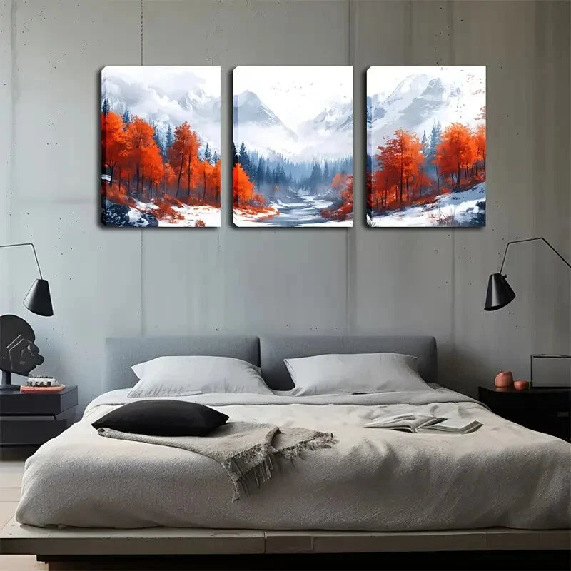3pcs Red Trees & Misty Valley Snow Perfect Wall Art Set Canvas Framed 40x60cm - High Quality Print 100% Australian Made Wall Canvas Ready to Hang - Bella Home Decor