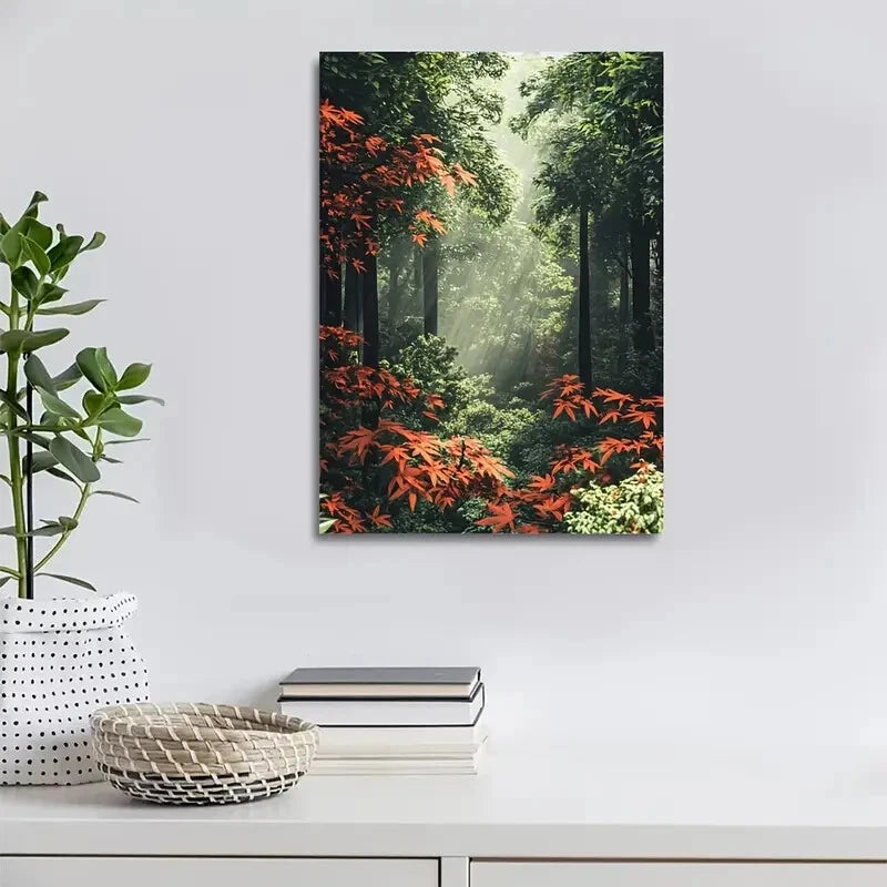 Maple Forest Lush Greenery and Red Leaves Painting 40x60cm Metal Print Ready to Hang - Bella Home Decor