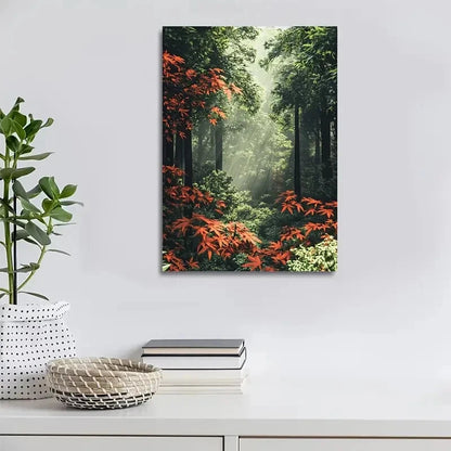 Maple Forest Lush Greenery and Red Leaves Painting 40x60cm Metal Print Ready to Hang - Bella Home Decor
