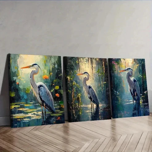 3pcs Crane and Lotus Flower Design Wall Art Set Canvas Unframed - High Quality Print 100% Australian Made Wall Canvas - Bella Home Decor