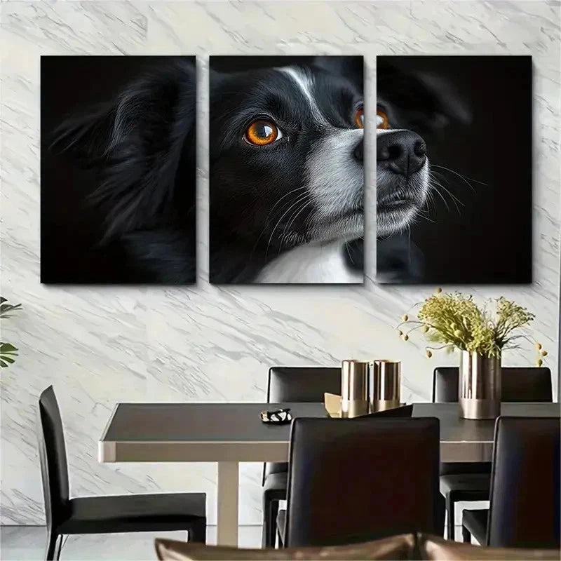 3pcs Black & White Dog Amber Eyes Perfect Wall Art Set Canvas Framed 50x70cm - High Quality Print 100% Australian Made Wall Canvas Ready to Hang - Bella Home Decor
