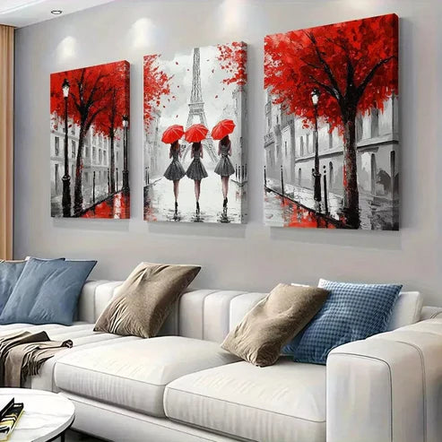 3pcs Paris Elegant Women with Red Umbrellas Wall Art Set Canvas Unframed - High Quality Print 100% Australian Made Wall Canvas