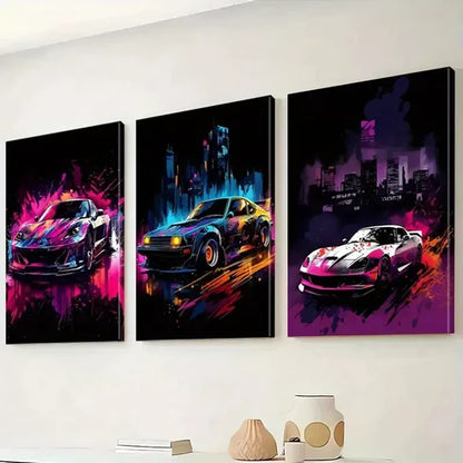 3pcs Neon Decorative Graffiti Style Sports cars  Art Set Canvas Unframed - High Quality Print 100% Australian Made Wall Canvas