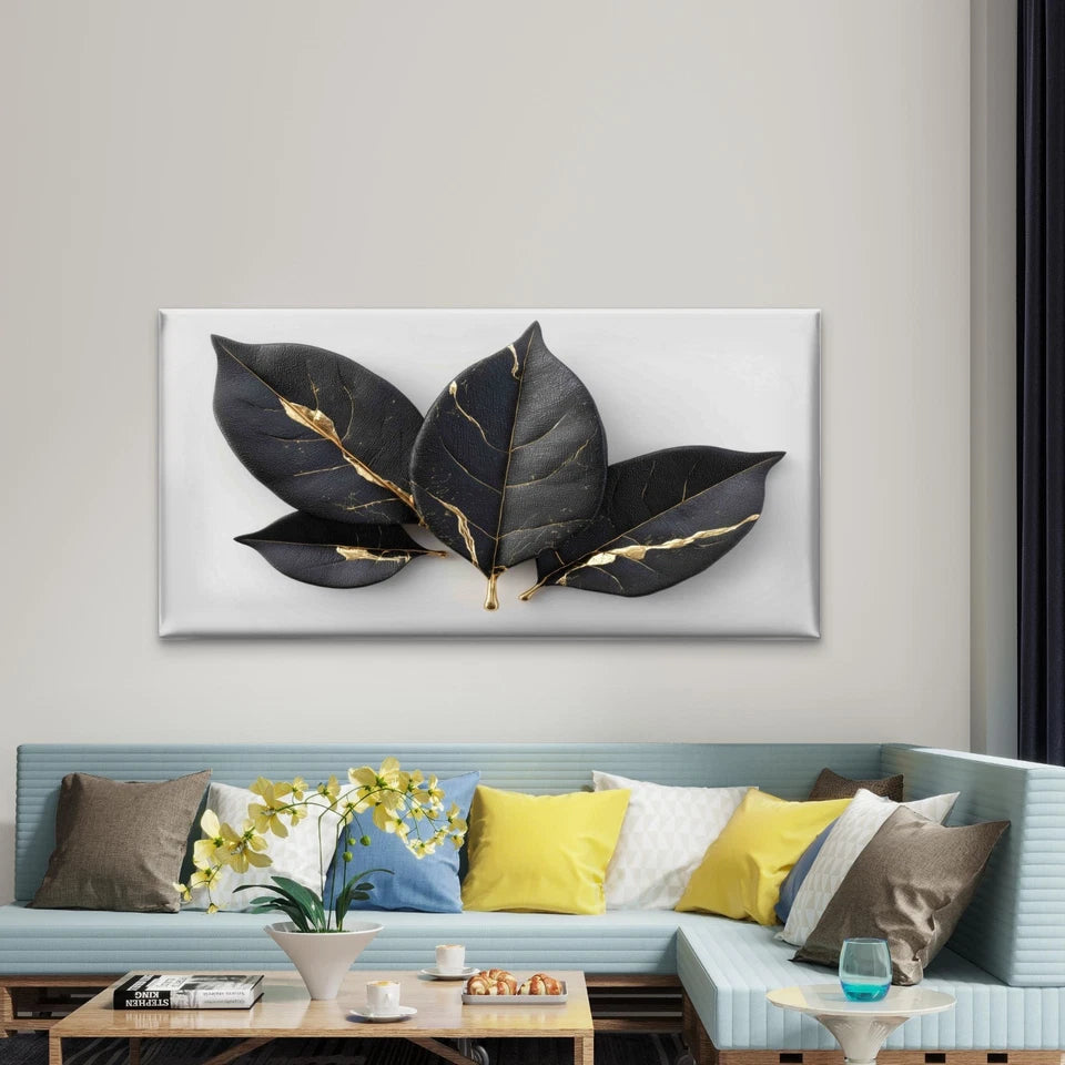 Black Leaves With Gold Accents Wall Art Canvas Office Home Room Framed 120x60cm - Bella Home Decor
