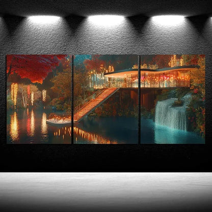 3pcs The Glass House by the River Night Scene Metal Print Ready to Hang Art