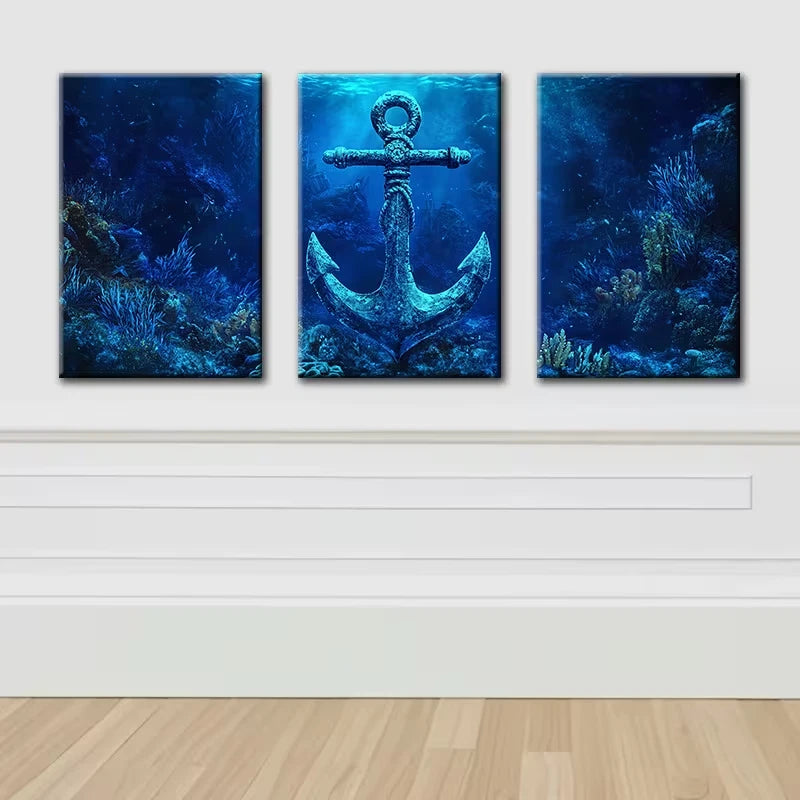 3pcs Anchor and Deep Sea Wall Art Set Canvas Framed 50x70cm - High Quality Print 100% Australian Made Wall Canvas Ready to Hang - Bella Home Decor