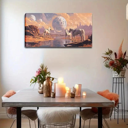 Three White Horses in Alien Wall Art Canvas Office Home Room Framed 120x60cm - Bella Home Decor