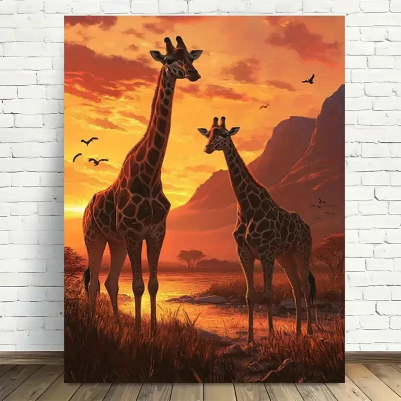 Beautiful Giraffe Sunset Safari Modern Painting 40x60cm Metal Print Ready to Hang - Bella Home Decor