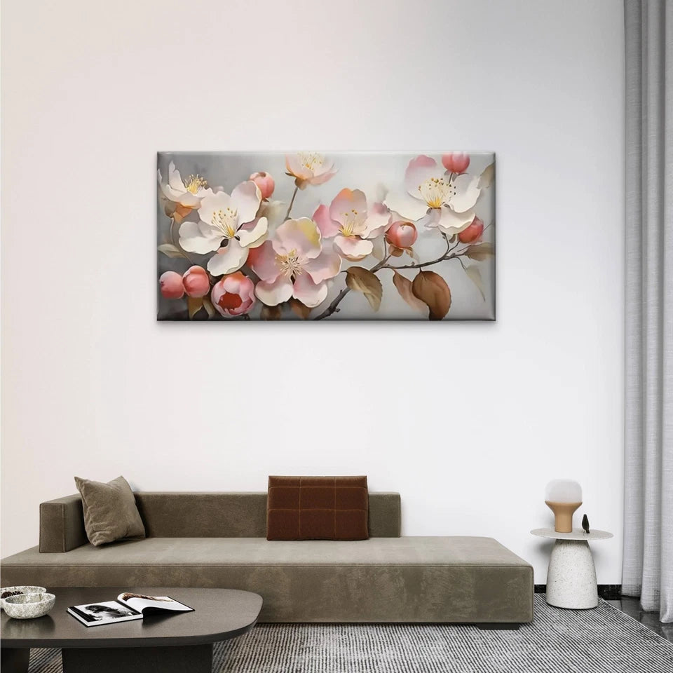 Branches Pink Flowers White Wall Art Canvas Office Home Room Framed 120x60cm